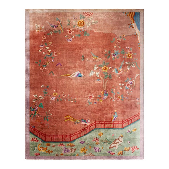 1920s Scenic Coral Antique Chinese Art Deco Bird Knotted Wool Carpet Rug For Sale