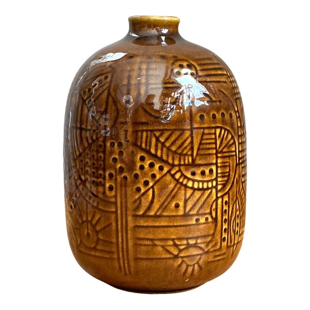 Vintage Geometric Patterned Ceramic Vase For Sale