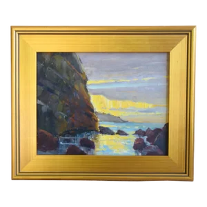 Silvio Silvestri, Listed Artist Cliff Ocean Waves Seascape Oil Painting W/ Antiqued Gold Wood Frame