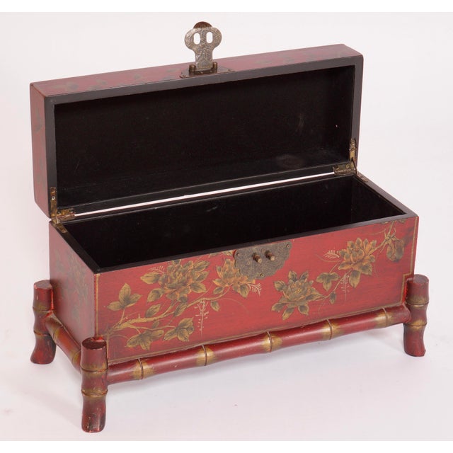 Red Vintage Chinese Red Lacquer Floral Brass Hinged Storage Box For Sale - Image 8 of 9