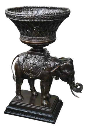 Vintage Woven Basket Bronze Elephant Planter