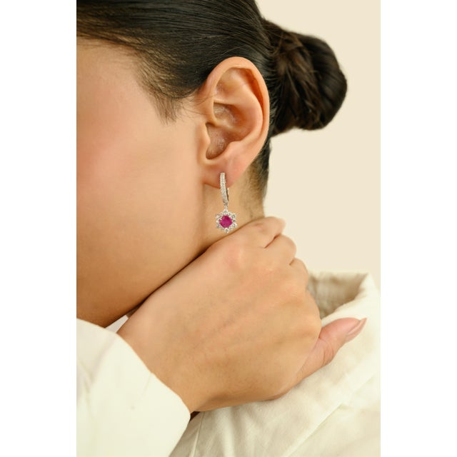 Not Yet Made - Made To Order Vintage-Inspired 14k White Gold Drop Earrings With 1.7 Ct Ruby & Diamond Halo- A Pair For Sale - Image 5 of 11