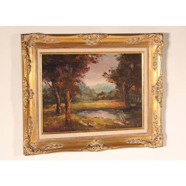 Impressionist landscape painting by Leslie Furlong (1905-1989). Oil on masonite. Frame dimensions, height 17" width 21"....