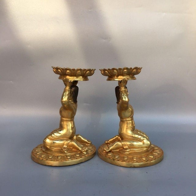 Mid 20th Century Vintage Pair of Gilt Bronze Kneeling Figure Candlesticks - Buddhist Altar Lamps For Sale - Image 5 of 9