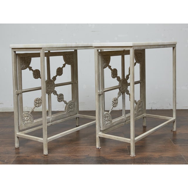 19th Century Pair of French Painted Iron Consoles With Carved Wood Panels and Marble Tops For Sale - Image 4 of 11
