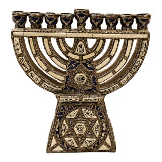 Vintage Moroccan Hanukkah Menorah | Handmade Ceramic & Metal Overlay | Judaica Decor For Sale