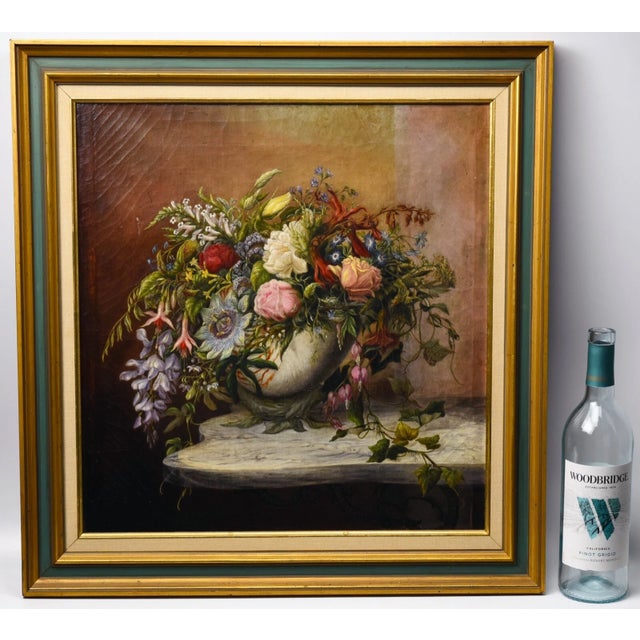 Traditional Fine 19th Century Oil on Canvas Painting Floral Still Life Flowers on a Ledge For Sale - Image 3 of 9