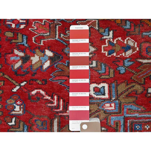 1960 8'2"x10'10" Red Hand Knotted Pure Wool Centre Geometric Medallion Worn Down Rug For Sale - Image 11 of 12