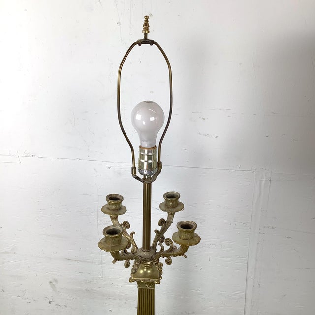 Mid 20th Century Pair of Neoclassical Brass Column Table Lamps in the Charles X Style With Candelabra Arms For Sale In Philadelphia - Image 6 of 12