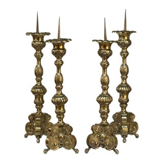 Set of Four Late 17th Century French Renaissance Brass Altar Candlesticks For Sale