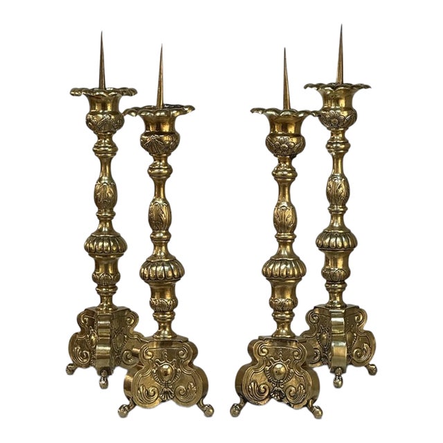 Set of Four Late 17th Century French Renaissance Brass Altar Candlesticks For Sale