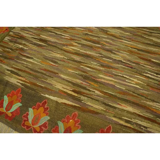 Pretty Sienna-Brown Background With Detail of Folk Art Styles in a Strie Pattern Antique American Hooked Rug For Sale In New York - Image 6 of 10