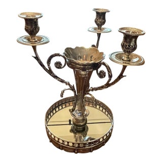 Vintage Shabby Shic Godinger Silver Plated Epergne 3 Branch Candleabra Mirror Tray For Sale