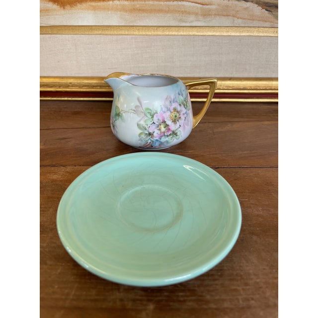 1970s Vintage Hand-Painted Floral Creamer and Saucer Set With Gold Trim For Sale - Image 5 of 9