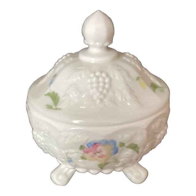 Westmoreland Vintage 1950’s Milk Glass Covered Candy Jar Round Vanity Jar Floral Footed For Sale