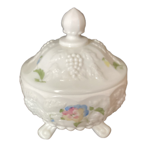Westmoreland Vintage 1950’s Milk Glass Covered Candy Jar Round Vanity Jar Floral Footed