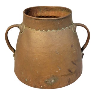 19th Century Hand Forged Eastern European Hammered Copper Cooking Pot With Hollow Handles Balkan Metalwork For Sale