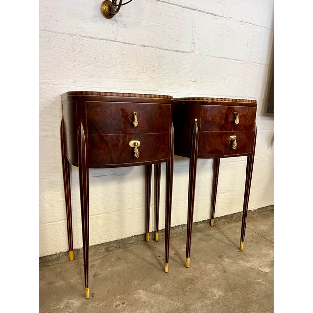 Spectacular pair of Art Deco demilune side tables by Company of Master Craftsmen. Early 20th Century pieces with classic...