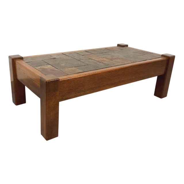 Vintage Brutalist Coffee Table in Oak and Slate, 1960s For Sale