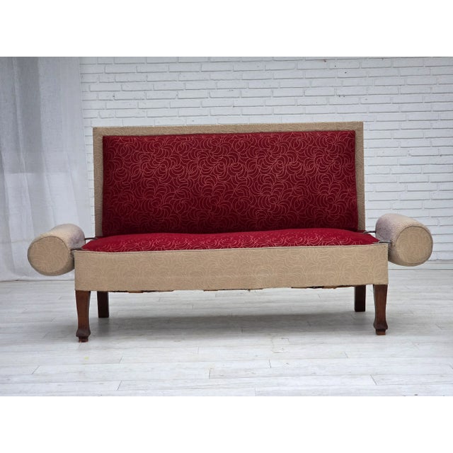 1950s, Danish sofa-daybed. Original red and beige furniture wool, brass springs in the seat, ash wood legs, foldable...