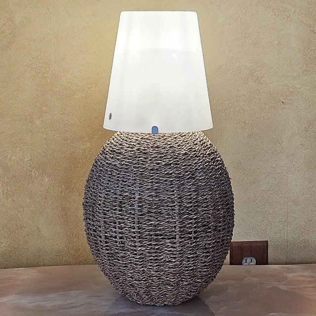 Ikea Vintage Ikea Woven Rattan Coastal Boho Table Lamp With White Frosted Glass Shade For Sale - Image 4 of 18