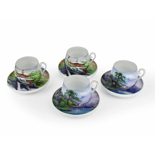 Mid 20th Century Mid 20th Century Japanese Kutani Hand-Painted Eggshell Porcelain Lithophane Tea Set With Wood Stands- Set of 4 For Sale - Image 5 of 10