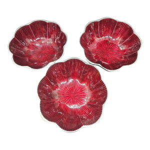 1980s Art Deco Julia Knight-Esque Peony Petite Bowls Pomegranate Red Aluminum Hand Crafted India - Set of Three