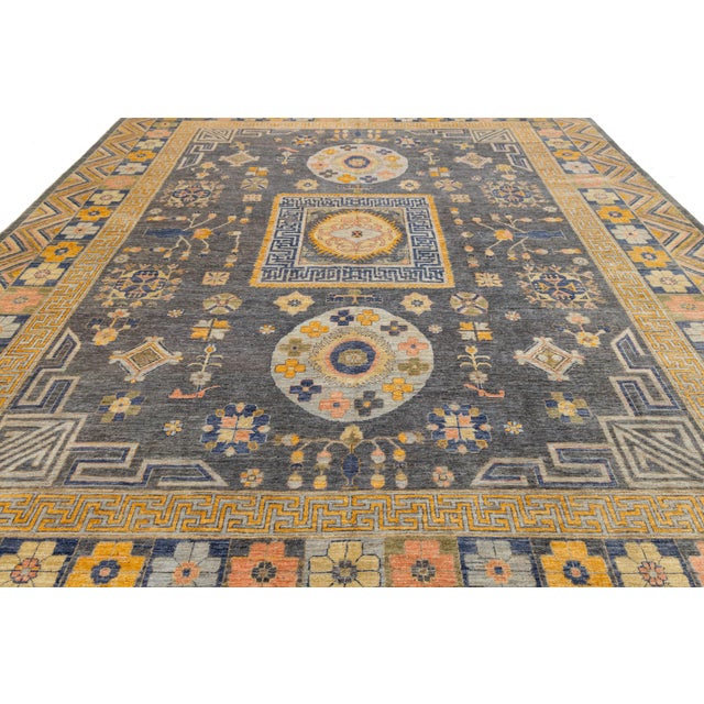 12x14 Modern Khotan Style Charcoal & Gold Handmade Wool Area Rug For Sale - Image 10 of 11