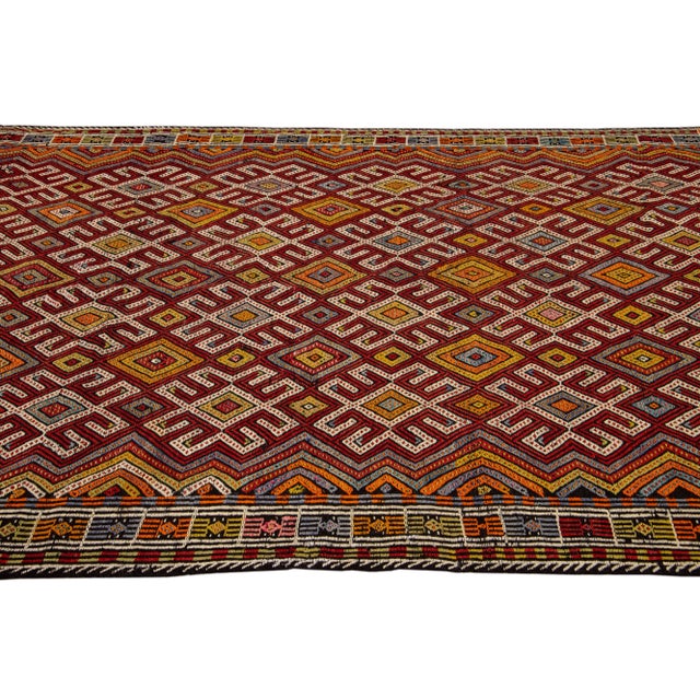 Textile Vintage Persian Soumak Handmade Ruby-Red Geometric Wool Rug For Sale - Image 7 of 8