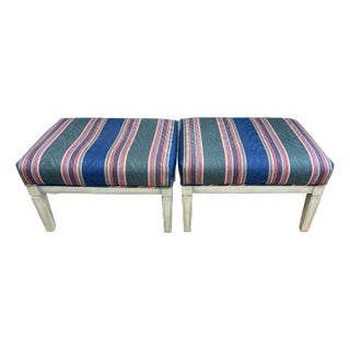 Late 20th Century Pair of Vintage Upholstered Benches – Striped Fabric With Painted Wood Base For Sale