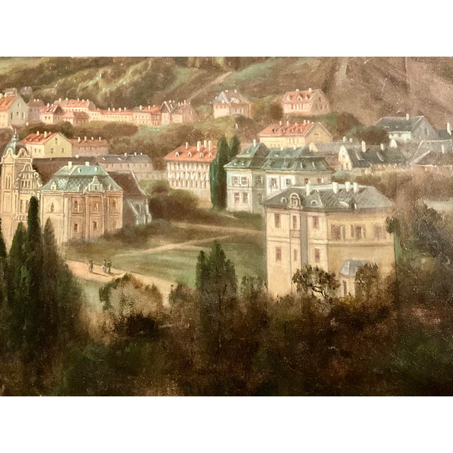 C. 1890 Antique Central European Cityscape Oil Painting With Cathedral and Hillside Castle Framed For Sale In Los Angeles - Image 6 of 10