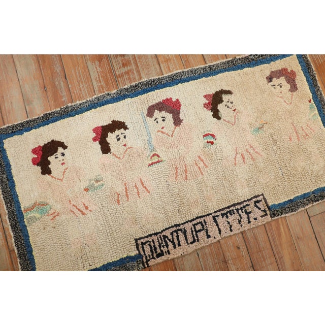 Folk Art Antique Zabihi Collection Dionne Quintuplets American Hooked Mat Size Rug For Sale - Image 3 of 6
