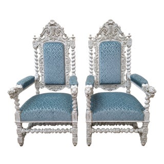 Renaissance Ceremonial Armchairs in Carved Wood Twisted Columns and Lion Heads, Set of 2 For Sale