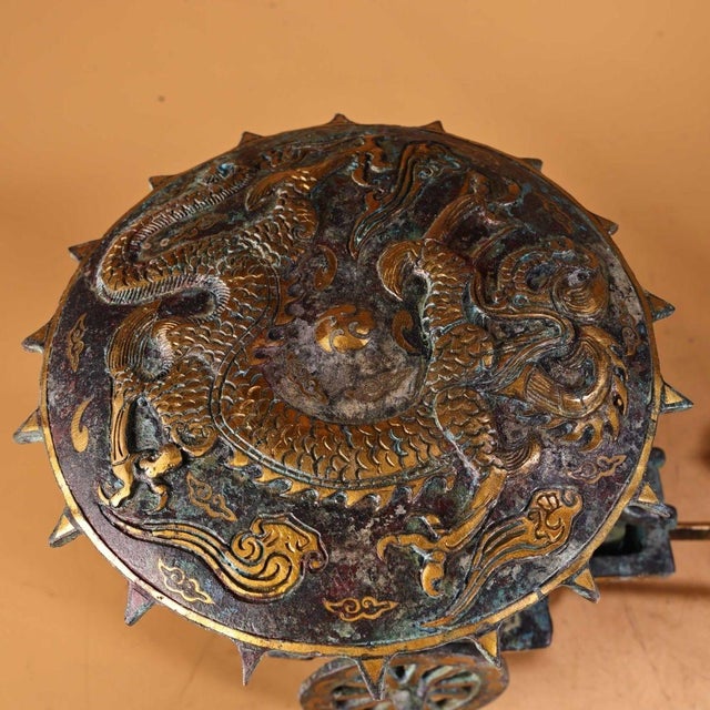 Bronze Large Vintage Bronze Chariot Sculpture - Asian Gold-Inlaid Horse & Carriage Statue With Inscriptions For Sale - Image 8 of 10