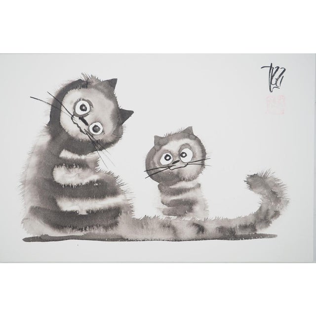 Laszlo Tibay (1962) Mother Cat and Her Kitten Original ink and wash drawing Signed upper right Authenticated by the...