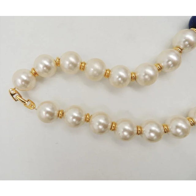 Modern Vintage Circa 1992 Signed Napier Mabe Faux-Pearl & Lapis Necklace For Sale - Image 3 of 12
