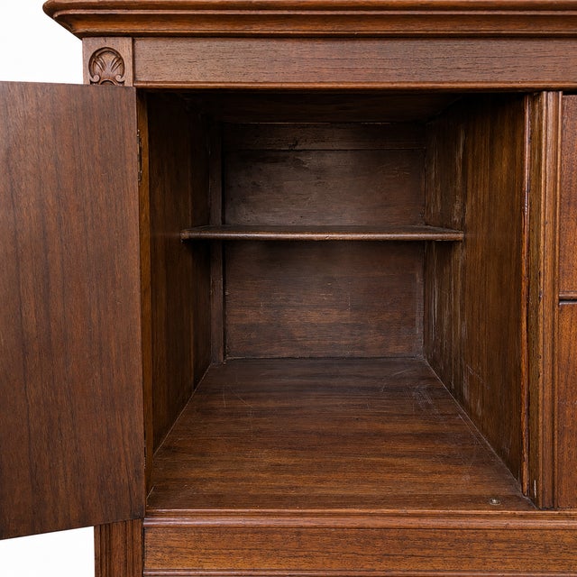 Antique Jacobean Revival Figured Wood Sideboard With Carved Medallions For Sale - Image 4 of 18