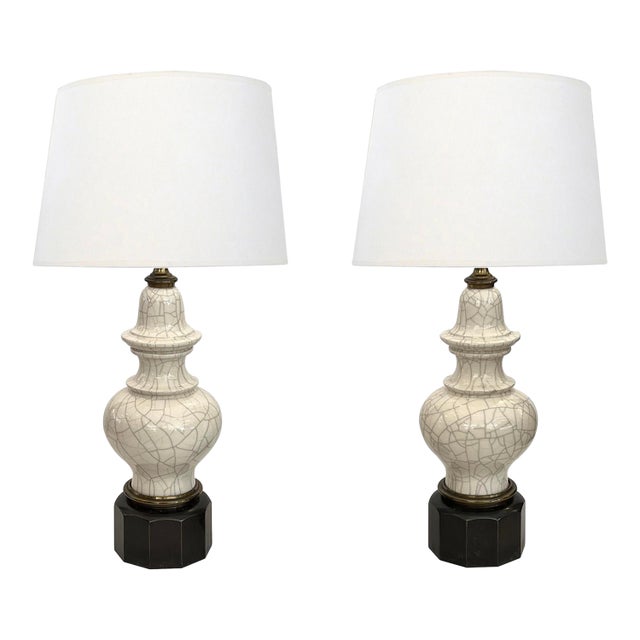 Pair 1960s Stiffel Asian Inspired Ivory Crackle-Glaze Ginger Jar Lamps For Sale