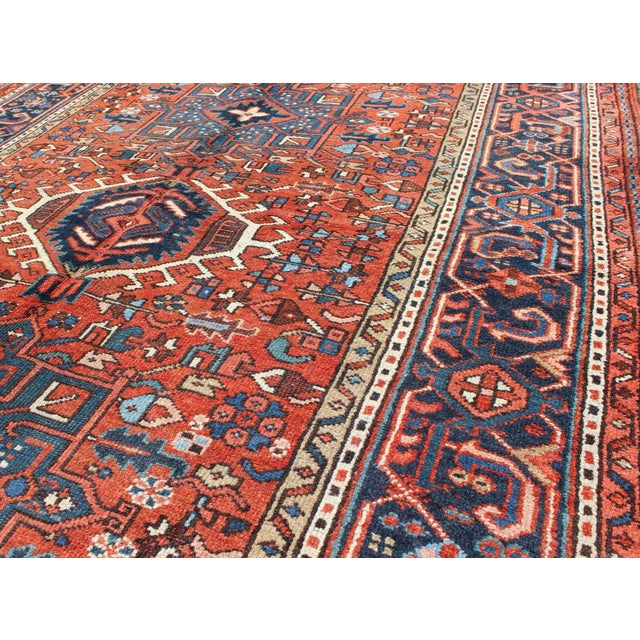 Antique Persian Karajeh Rug With Three Geometric Medallions in Rust & Blue For Sale In Atlanta - Image 6 of 8