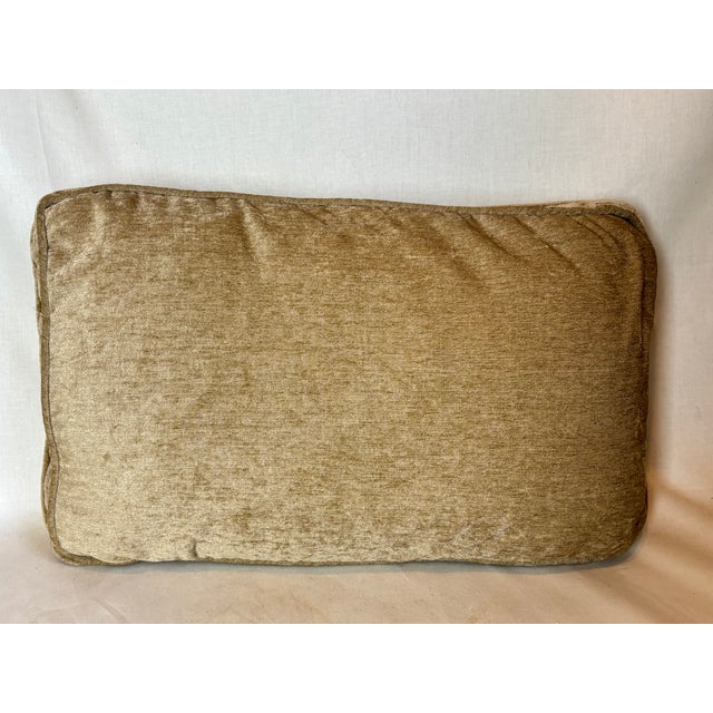 Textile 1980s Custom Taupe Colored Chenille Pillow in Olive Silk Insert With Blue Flowered Panel + Gold Cording For Sale - Image 7 of 8