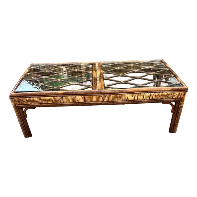 Vintage Mid-Century Bamboo / Rattan Cocktail Table With Glass Top For Sale