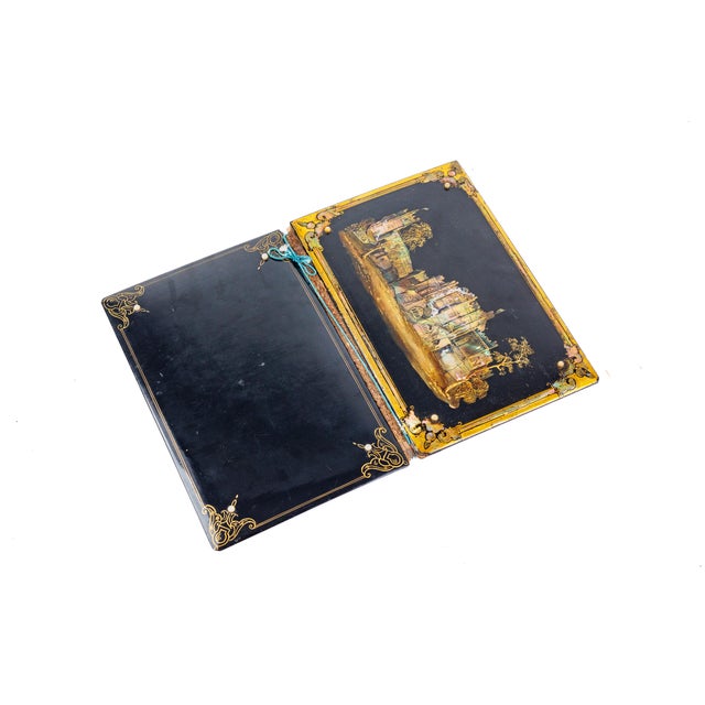 Victorian Antique Late 19th Century English Victorian Papier Mache Black Lacquer With Gold and Pearl Book Desk Blotter For Sale - Image 3 of 9