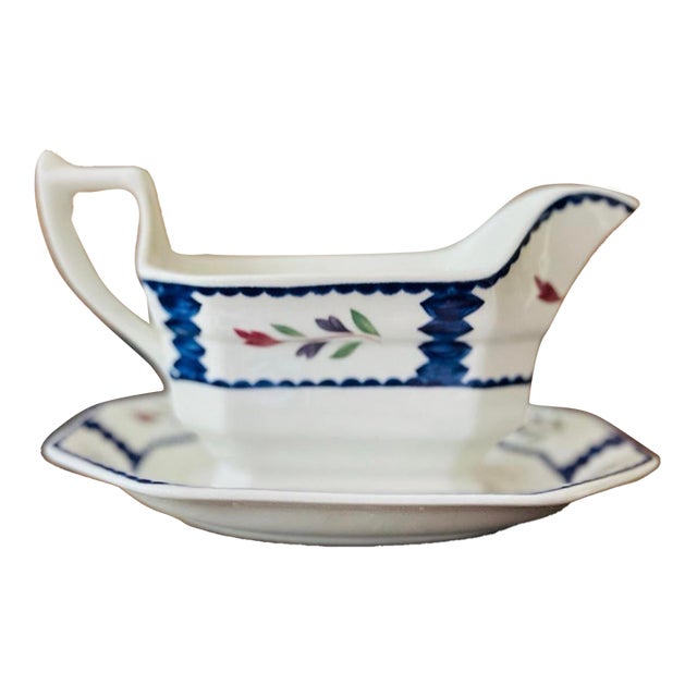 1990s English Ironstone Adams Lancaster Gravy Boat and Plate For Sale