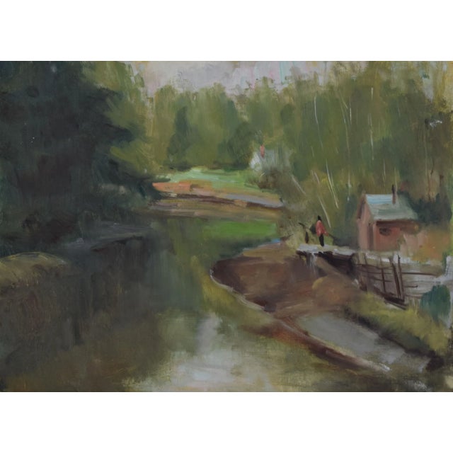 Vintage American Impressionist Landscape Oil Painting With Lake by Harry Barton For Sale - Image 4 of 8