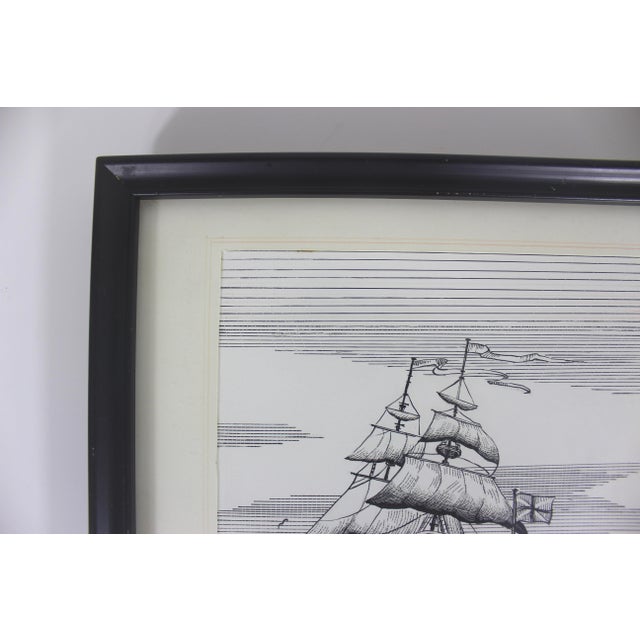 1950s Vintage Pen and Ink Clipper Sailing Ship Framed Art Signed by Artist Sailboat Black and White Small For Sale - Image 5 of 11
