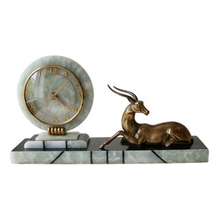Art Deco Marble and Onyx Clock with Antelope Motif, 1920s For Sale