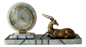 Art Deco Marble and Onyx Clock with Antelope Motif, 1920s