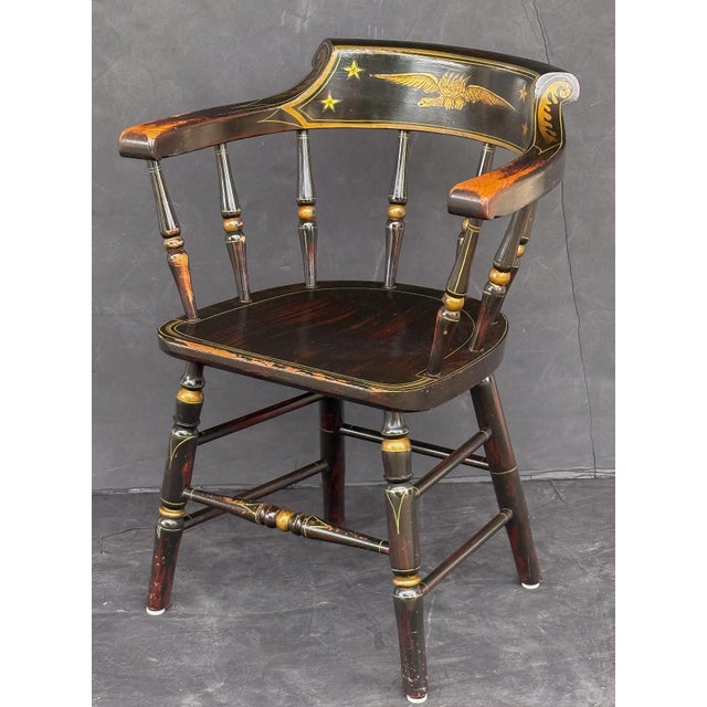 Early 20th Century American Ebonized Captain's Chair With Federal Style Eagle and Stars For Sale - Image 5 of 18