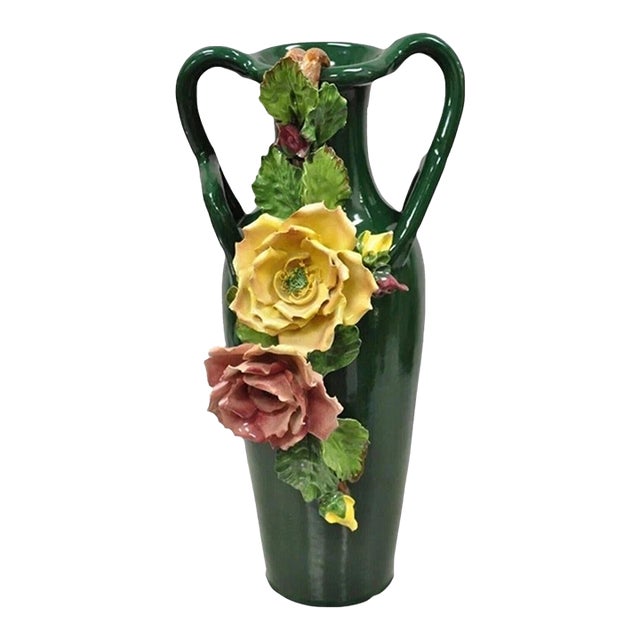 Vintage Victorian Green Porcelain Ceramic 18" Vase W/ Pink & Yellow Flowers For Sale
