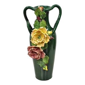 Vintage Victorian Green Porcelain Ceramic 18" Vase W/ Pink & Yellow Flowers